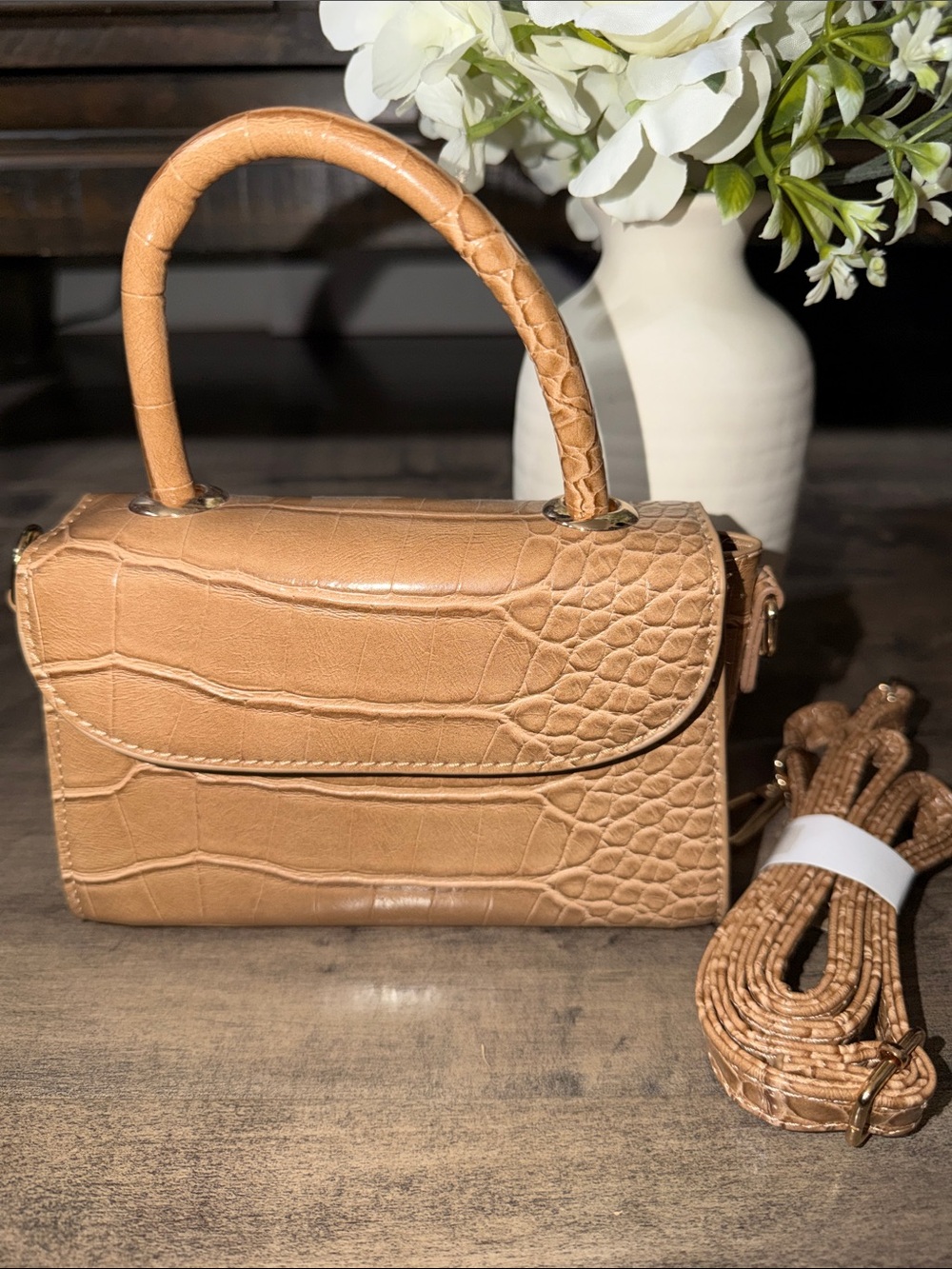 CROSSI Croc-Embossed Mini Top-Handle Bag in Tan